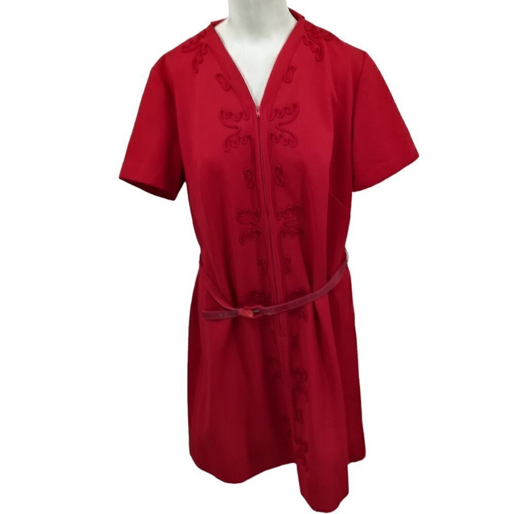 Vintage Handmade Zip Front Belted Embroidered Short Sleeve Mod Dress Size XL?